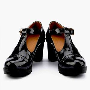 Glossy Black Block Heel Mary Janes